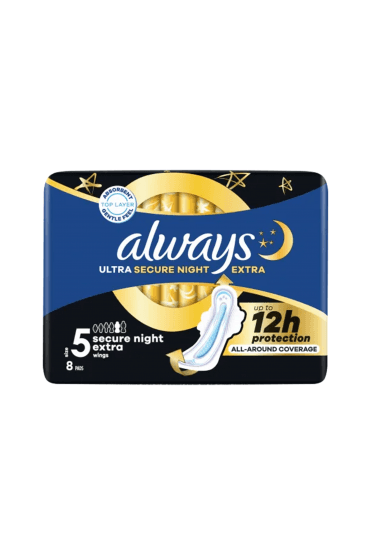 Always Ultra Sanitary Towels Secure Night Extra (Size 5) With Wings 8 Pads